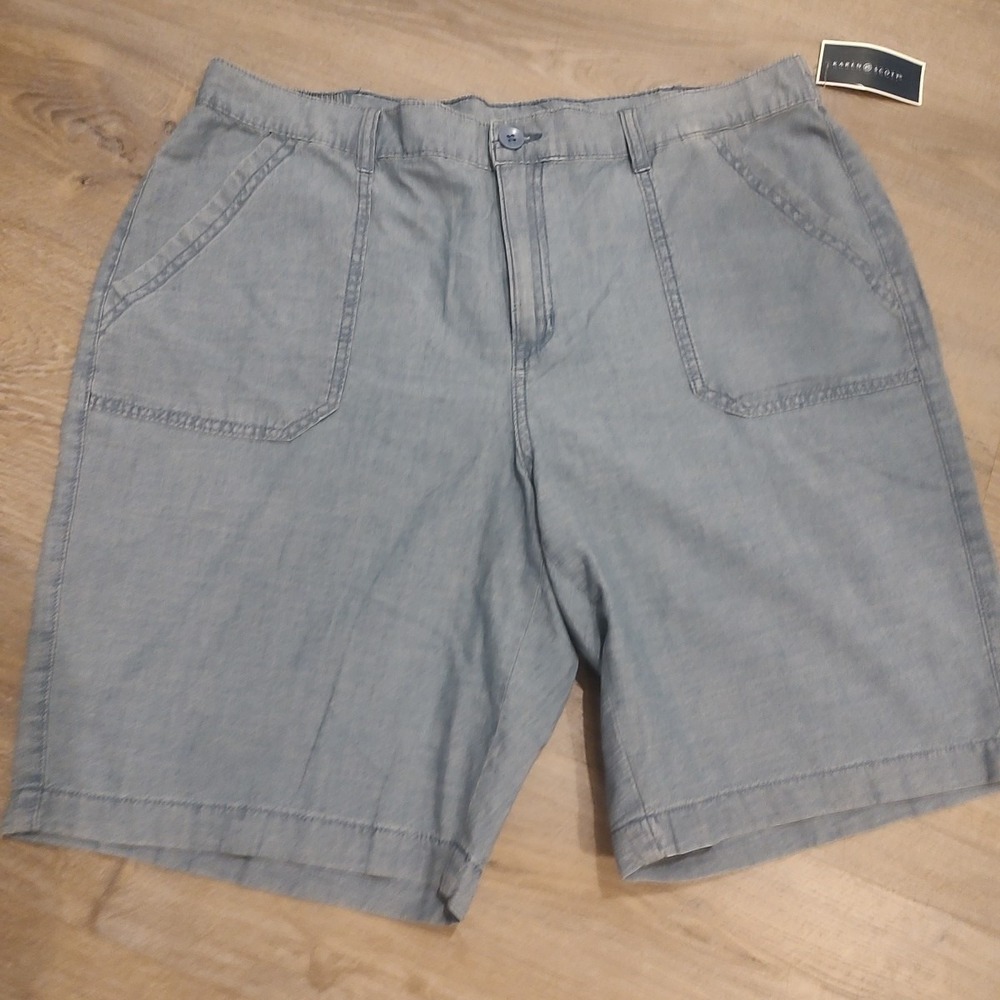 Karen Scott Women High Rise Shorts Color Chambray 100% Cotton Sz 16 Pockets Blue